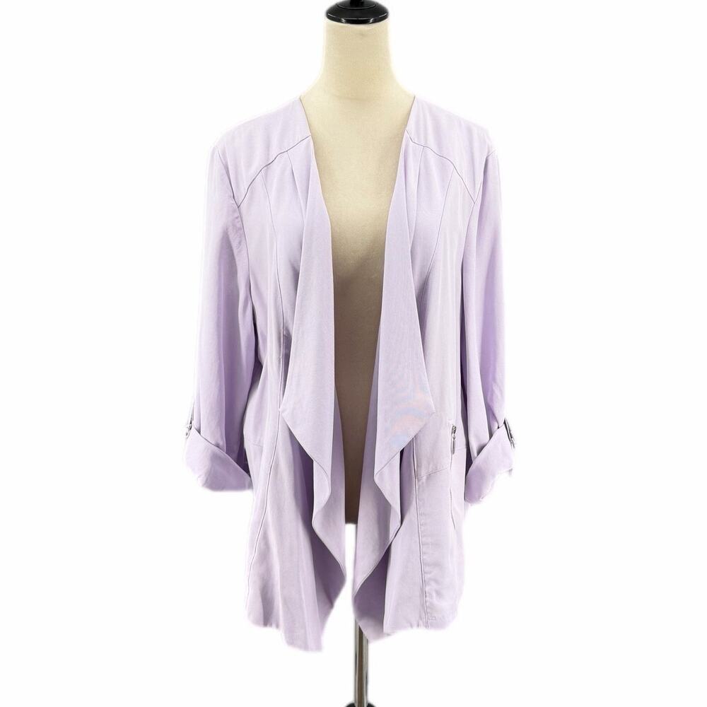 Chico’s Sz. 3 Lavender Open Front Roll Tab Long Sleeve Lightweight Chic Jacket